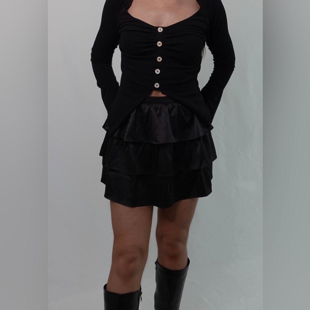 Ella Satin Tiered Black Mini Skirt